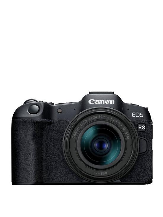 front image of canon-eos-r8-full-frame-mirrorless-camera-with-rf-24-50mm-f45-63-is-stm-lens