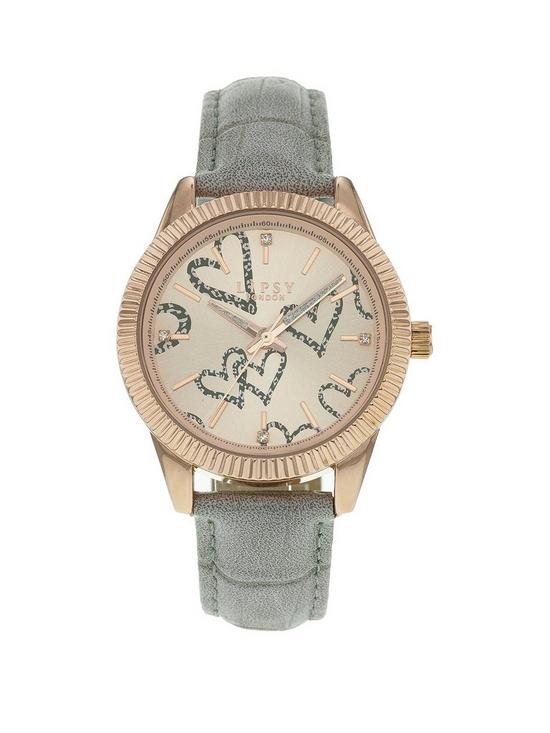 front image of lipsy-grey-strap-buckle-watch-with-rose-gold-dial