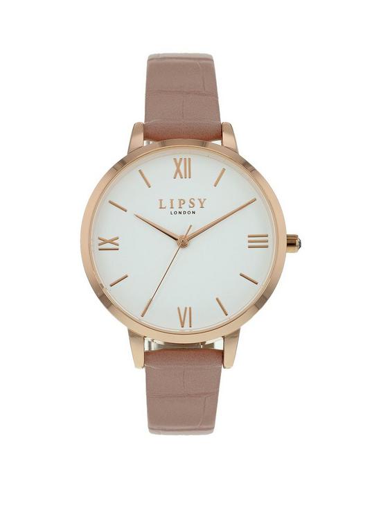 front image of lipsy-pink-strap-buckle-watch-with-white-dial