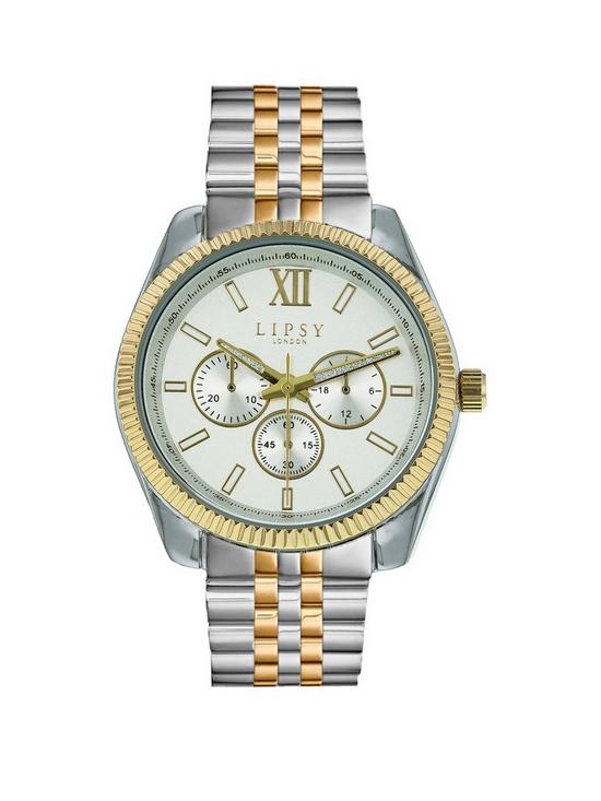 front image of lipsy-silver-amp-gold-bracelet-watch-with-silver-dial