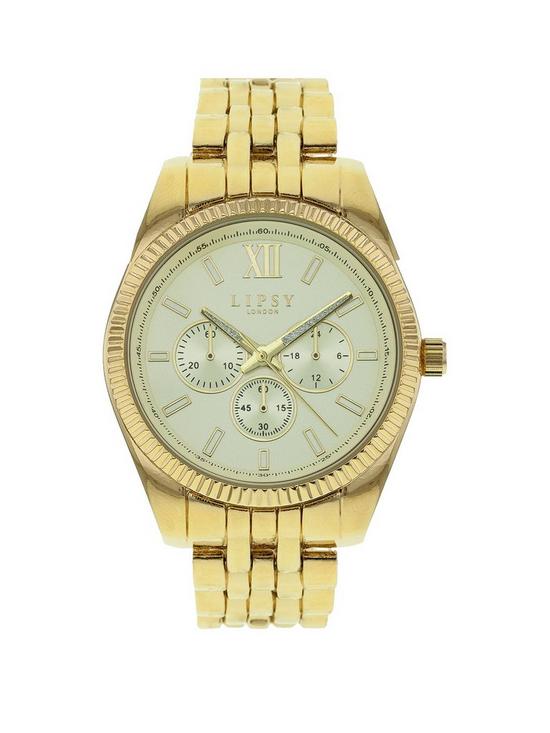 front image of lipsy-gold-bracelet-watch-with-gold-dial