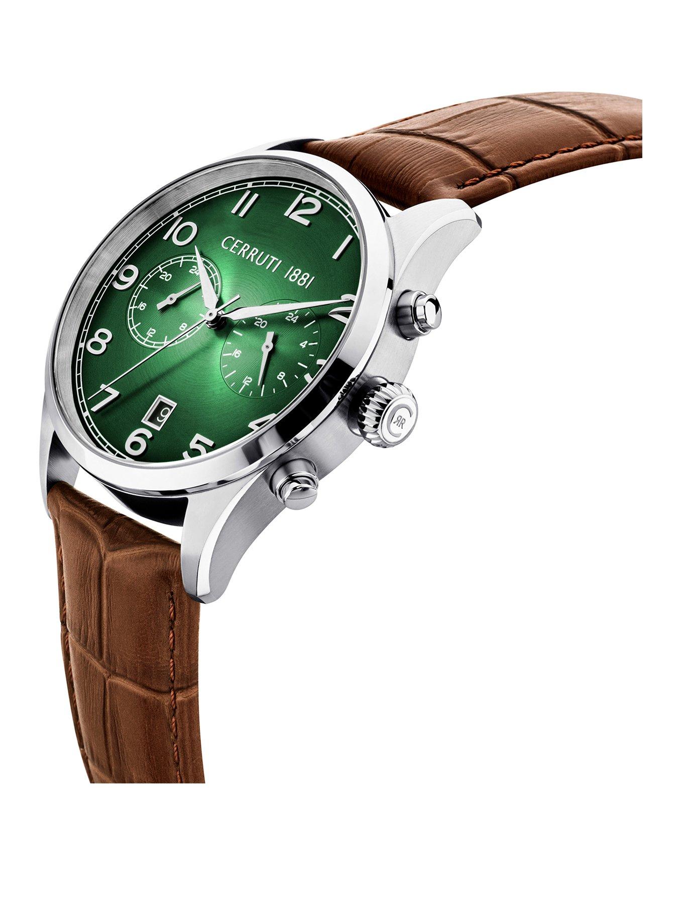 CAVARENO Brown Leather Strap Buckle watch with Green Dial