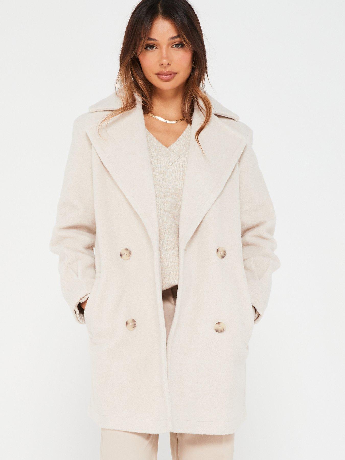 V by Very Faux Wool Db Pea Coat Light Beige littlewoods