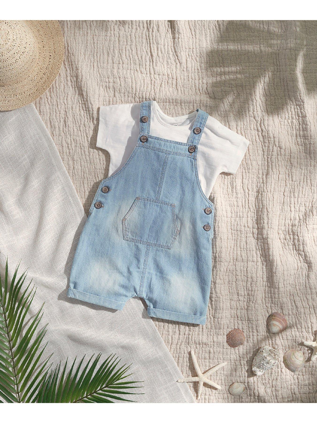  image of mamas-papas-baby-boys-2-piece-denim-dungaree-set-blue