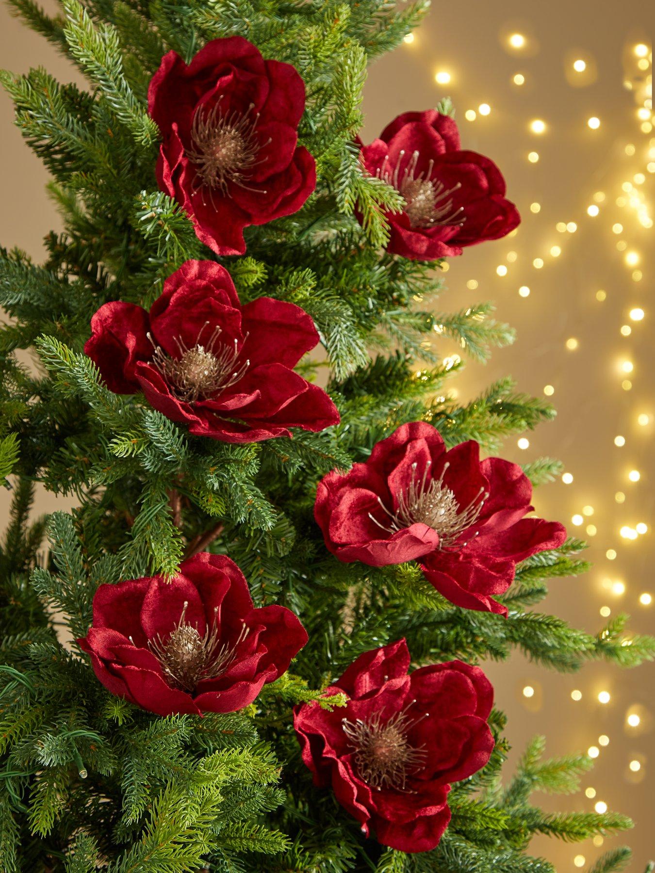 Very Home Set of 6 Clip On Magnolia Burgundy Flower Christmas Tree Decorations