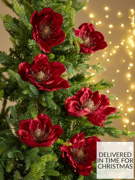very-home-set-ofnbsp6-clip-on-magnolia-burgundy-flower-christmas-tree-decorations