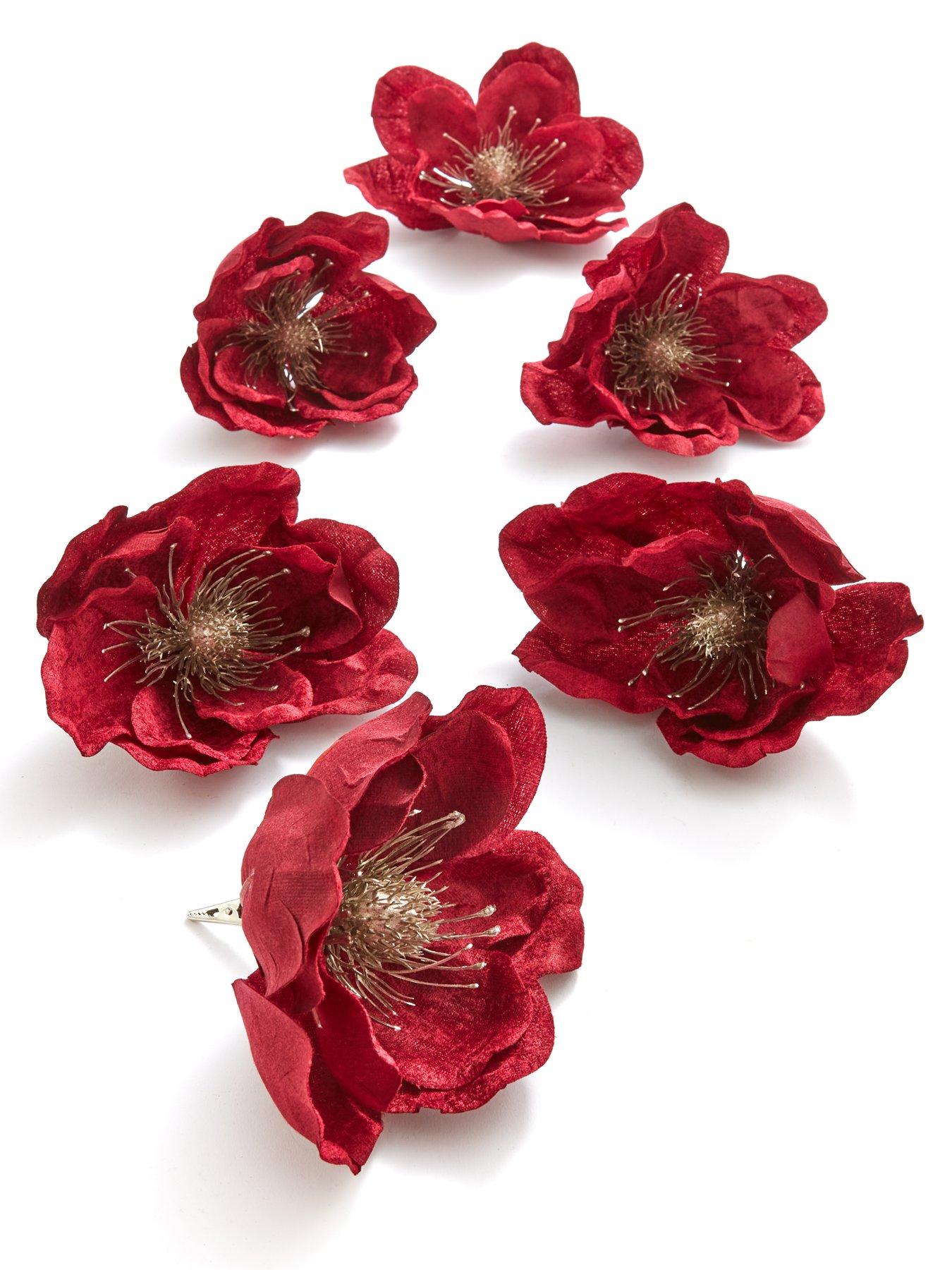 Very Home Set of 6 Clip On Magnolia Burgundy Flower Christmas Tree Decorations