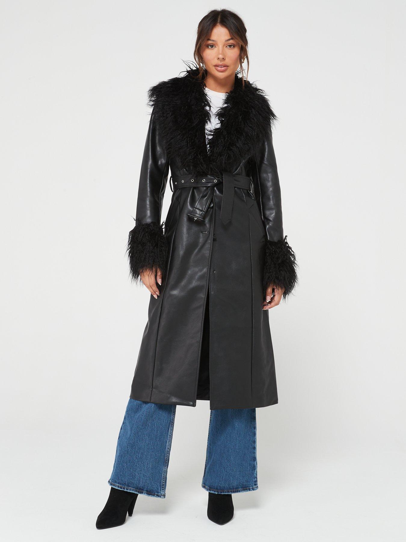 Black Faux Fur Trim Belted Jacket – AX Paris