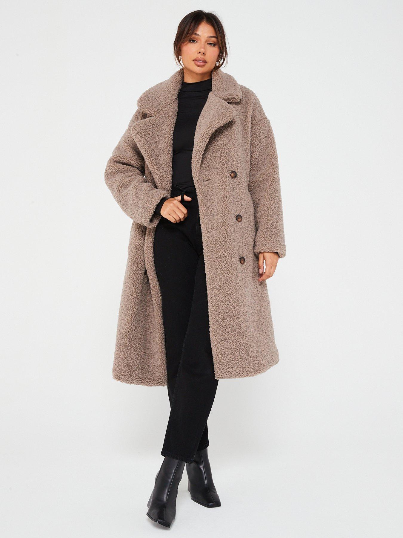 V by Very Longline Borg Coat - Light Brown