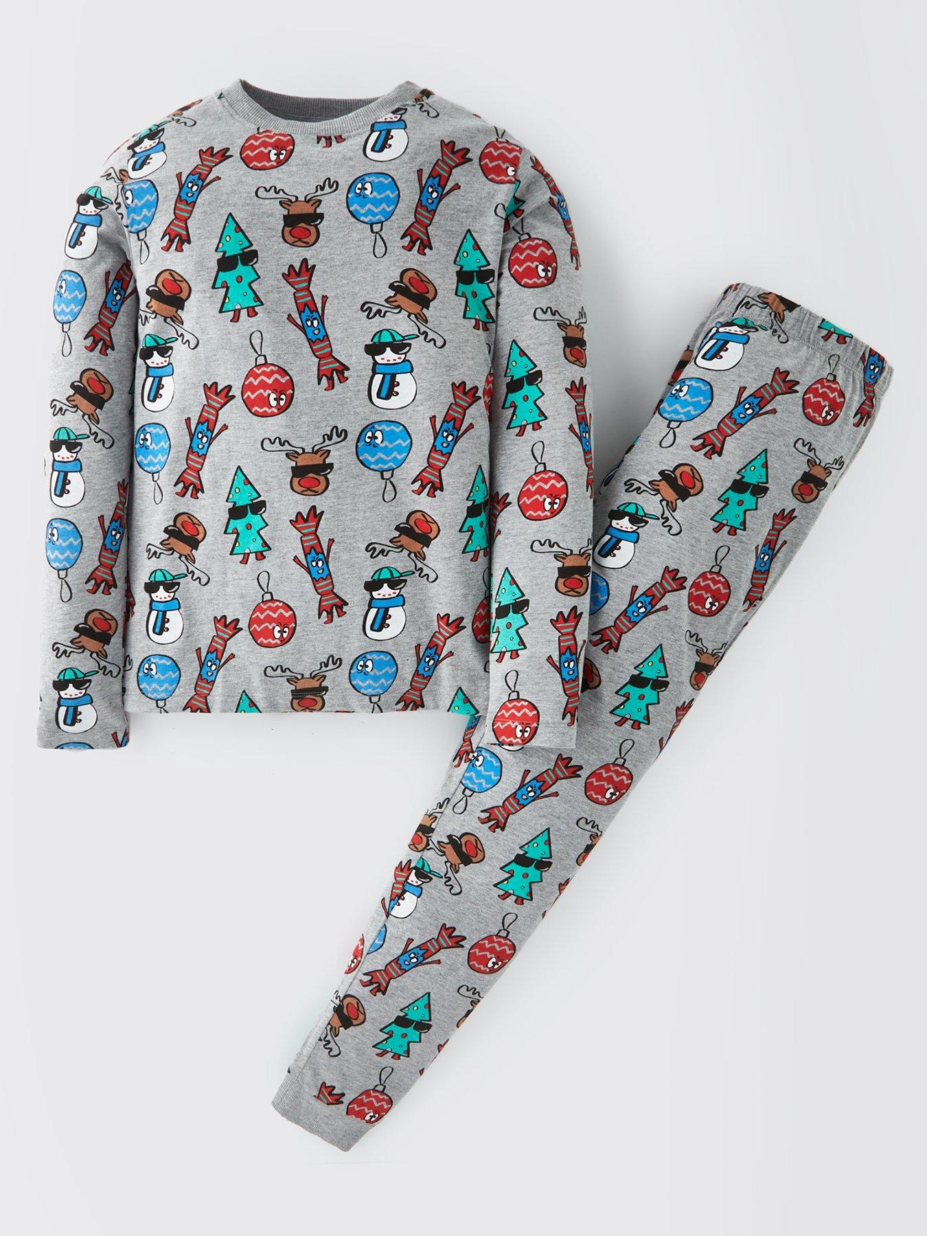 V by Very Boys Sibling Jersey Christmas Pyjamas Grey