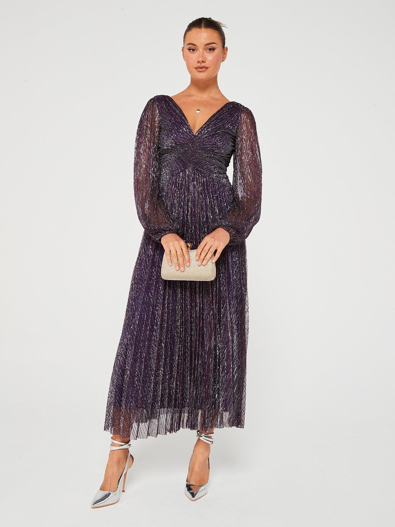 V by Very Long Sleeve Pleated Midi Dress - Purple