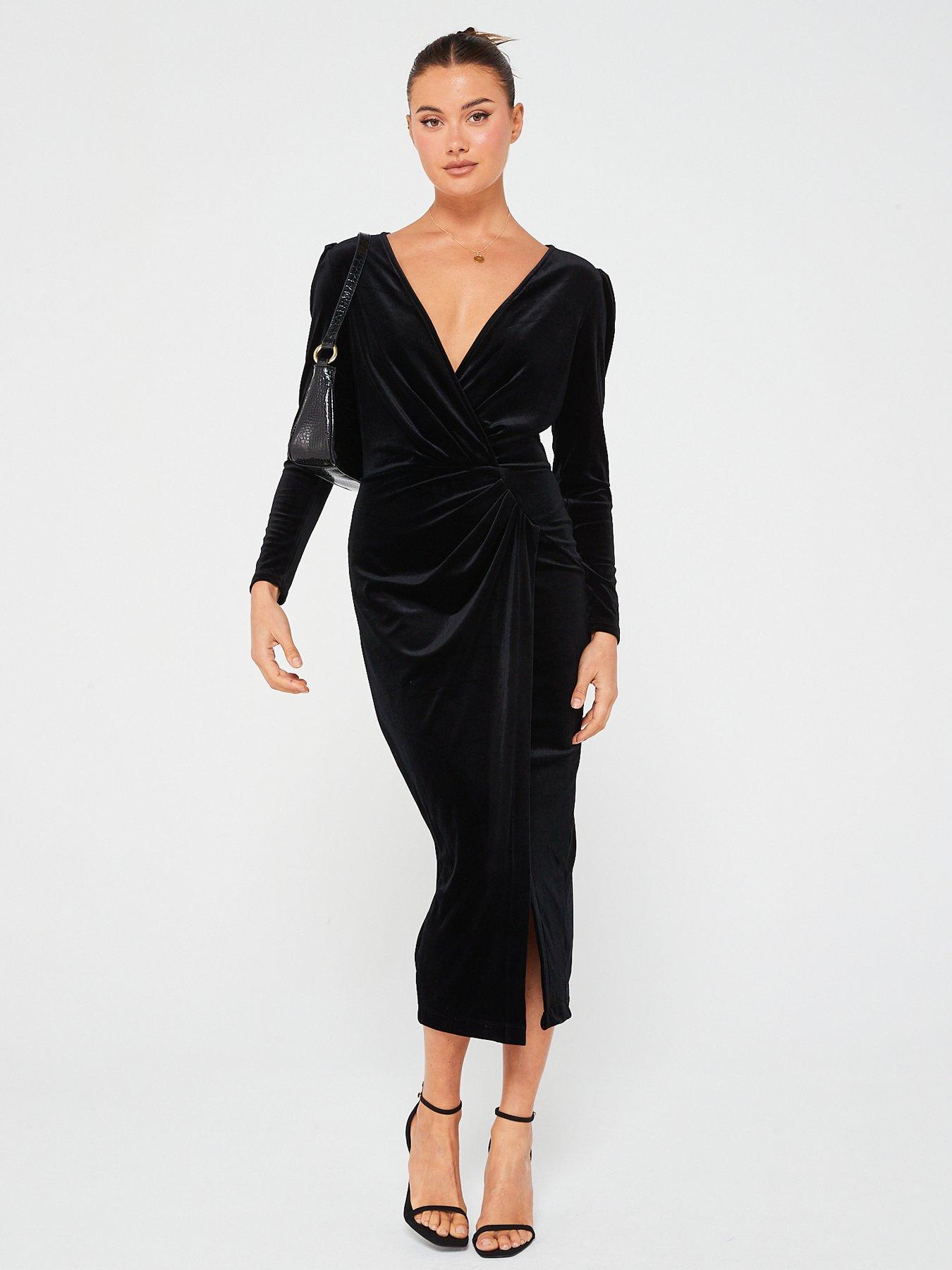 V by Very Long Sleeve Wrap Velvet Midi Dress - Black | littlewoods.com