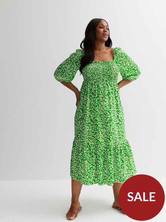 front image of new-look-curves-green-leopard-print-puff-sleeve-midi-dress