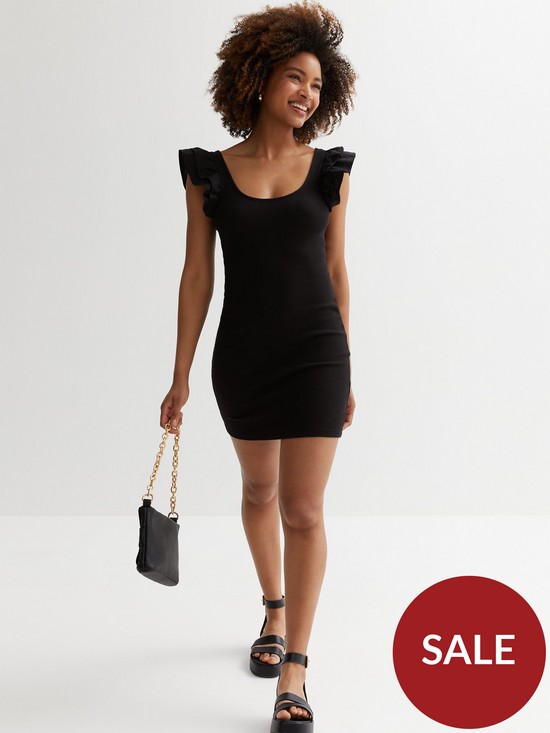front image of new-look-black-ribbed-scoop-neck-frill-mini-dress