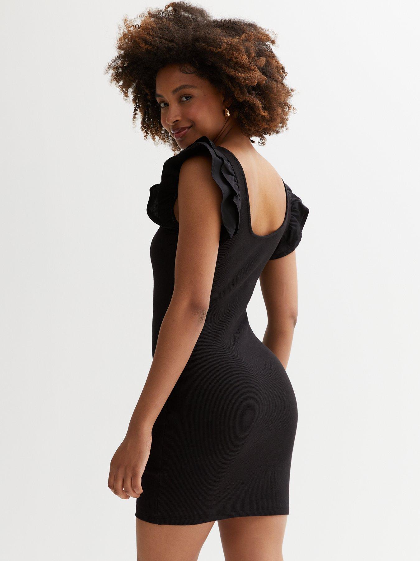  image of new-look-black-ribbed-scoop-neck-frill-mini-dress