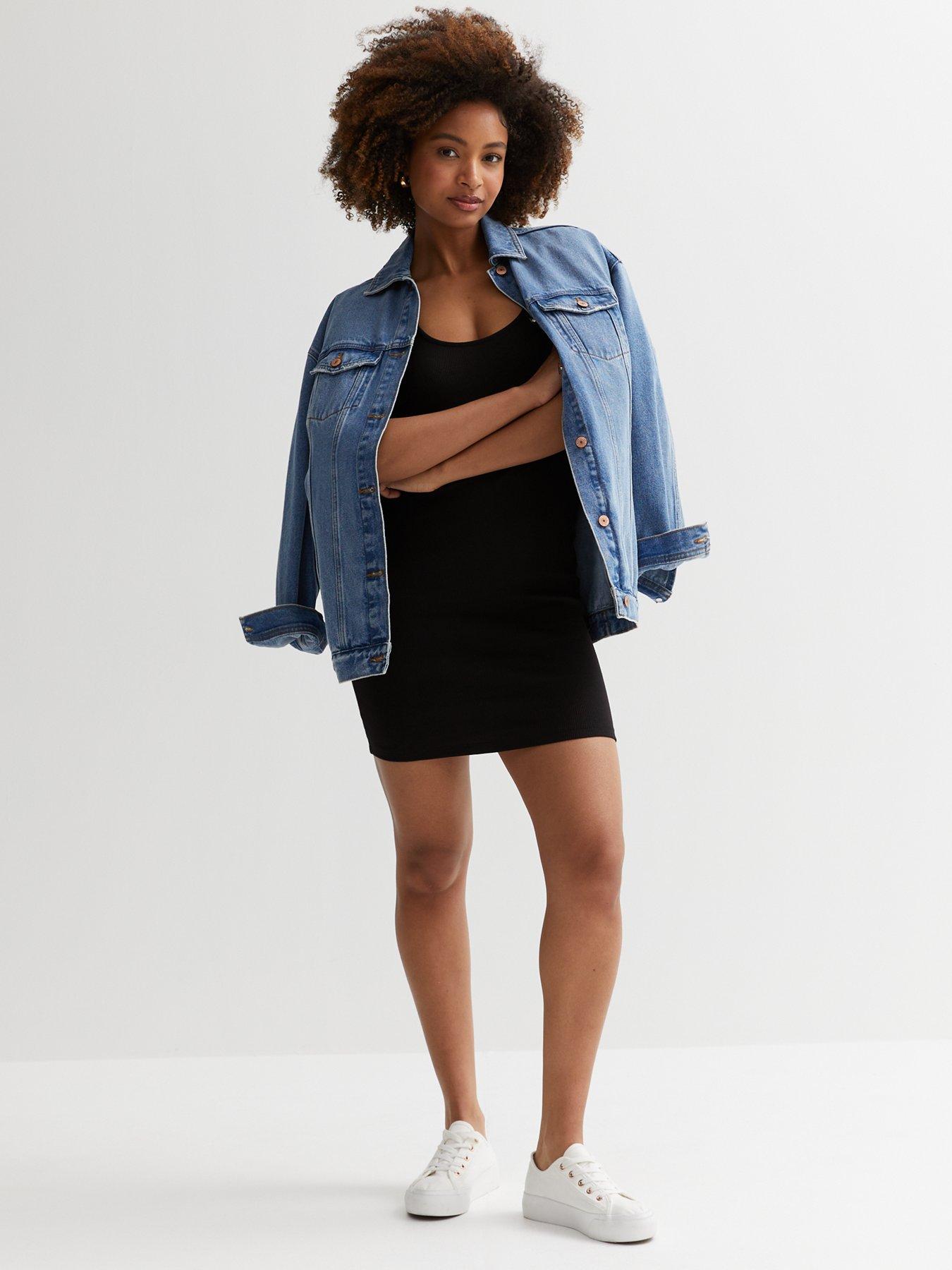  image of new-look-black-ribbed-scoop-neck-frill-mini-dress