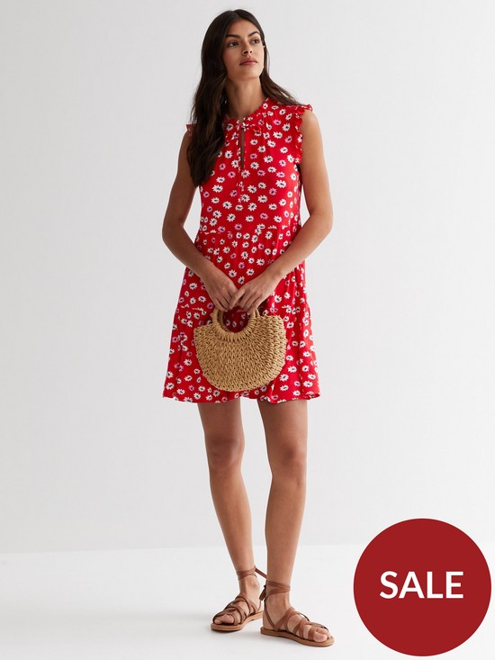 front image of new-look-red-daisy-tie-neck-mini-dress