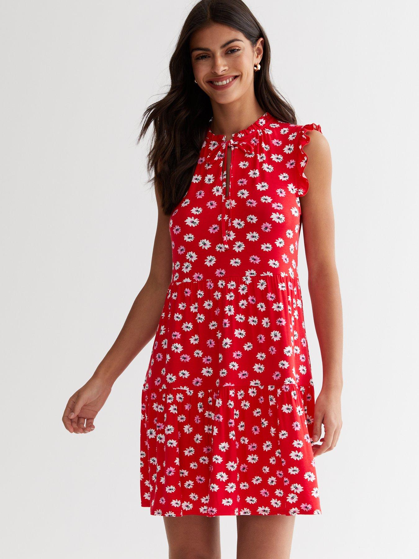  image of new-look-red-daisy-tie-neck-mini-dress