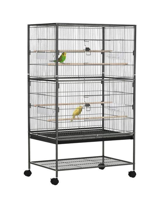 front image of pawhut-large-bird-cage-budgie-cage-for-finch-canaries-parakeet-with-rolling-stand-slide-out-tray-storage-shelf-food-containers-dark-grey