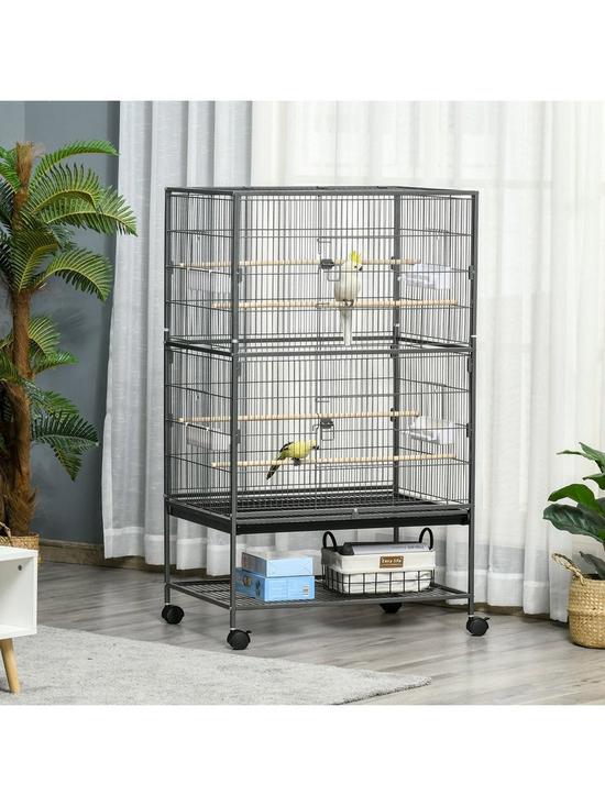 stillFront image of pawhut-large-bird-cage-budgie-cage-for-finch-canaries-parakeet-with-rolling-stand-slide-out-tray-storage-shelf-food-containers-dark-grey