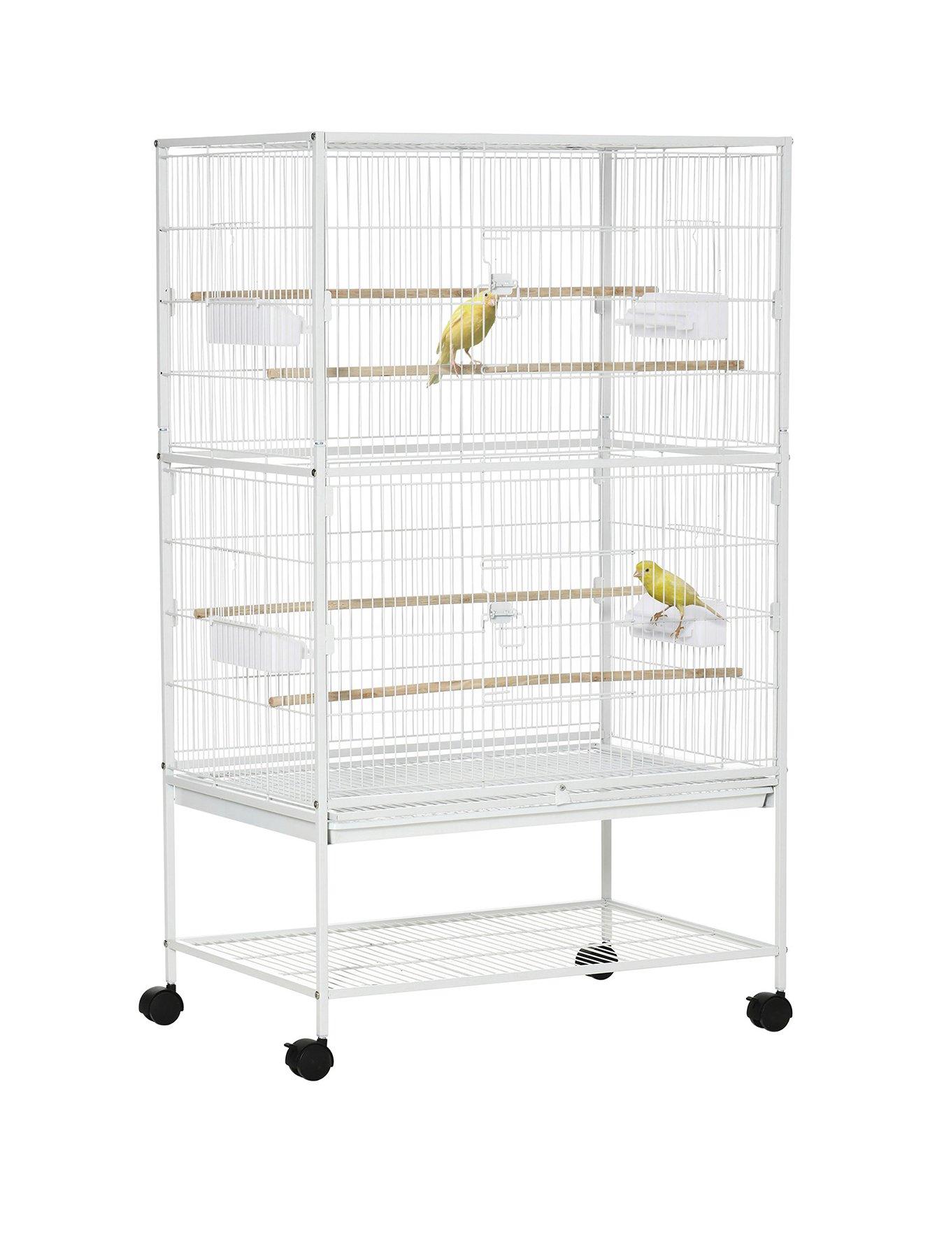 undefined Large Bird Cage Aviary for Finch Canaries, Budgies with Rolling Stand, Slide-out Tray, Storage Shelf, Wood Perch, Food Containers, White