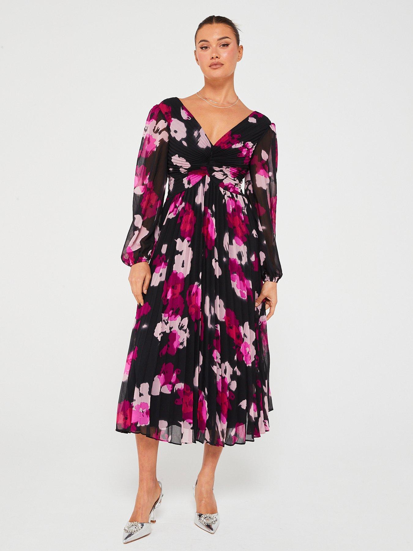 Pleated floral midi dress best sale