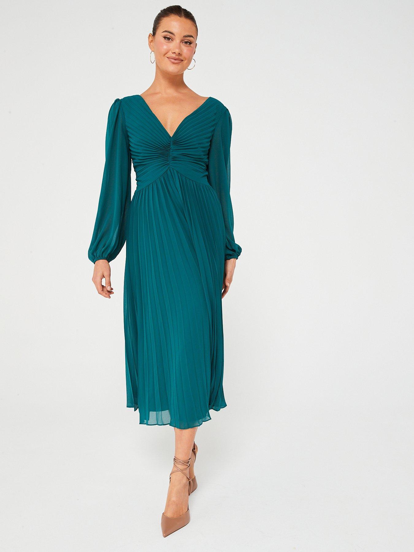 Long Sleeve Pleated Midi Dress