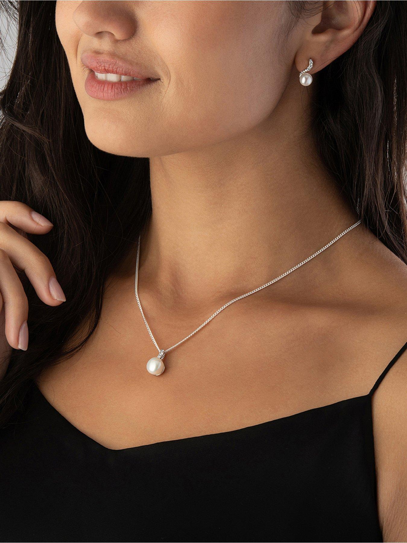 Beaverbrooks Silver Cubic Zirconia Freshwater Cultured Pearl Pendant and Earrings Set