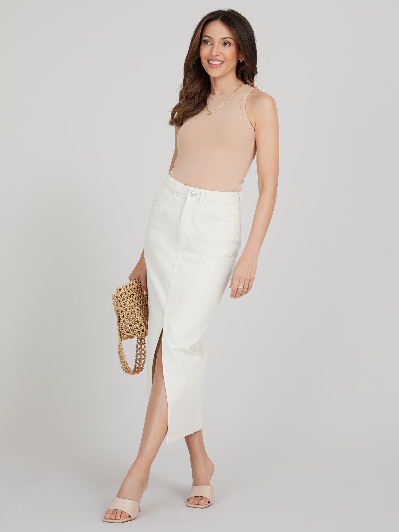 Michelle Keegan Split Front Denim Midi Skirt Cream littlewoods