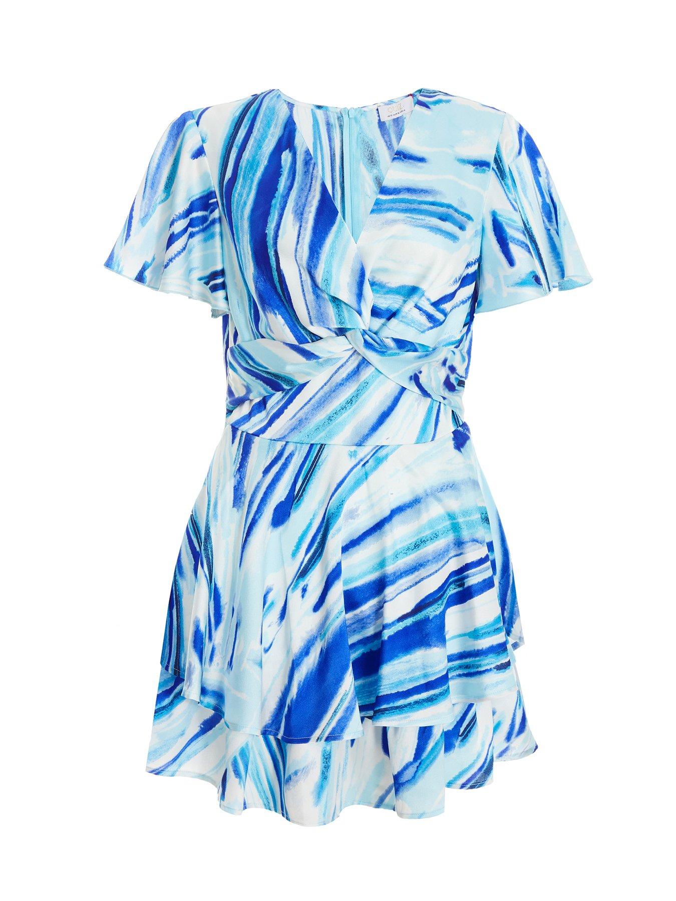 Image 4 of 6 of Quiz Satin Brush Stroke Playsuit - Blue
