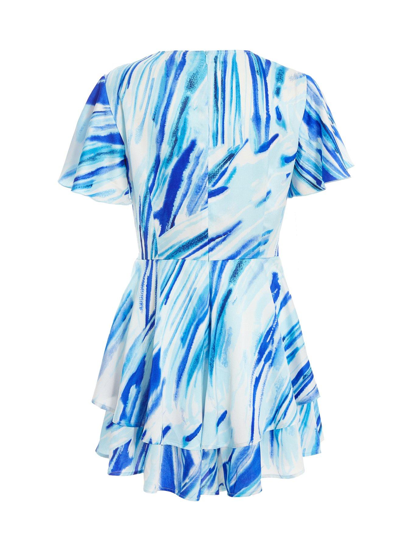 Image 5 of 6 of Quiz Satin Brush Stroke Playsuit - Blue