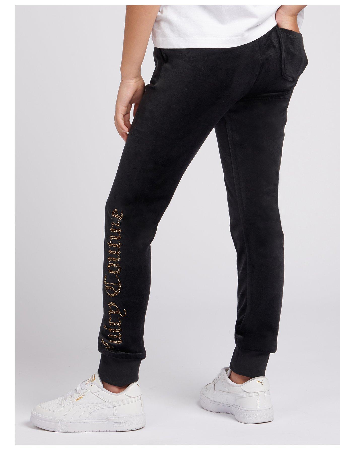 Girls Diamante Velour Slim Joggers - Jet Black/ Gold Diamante