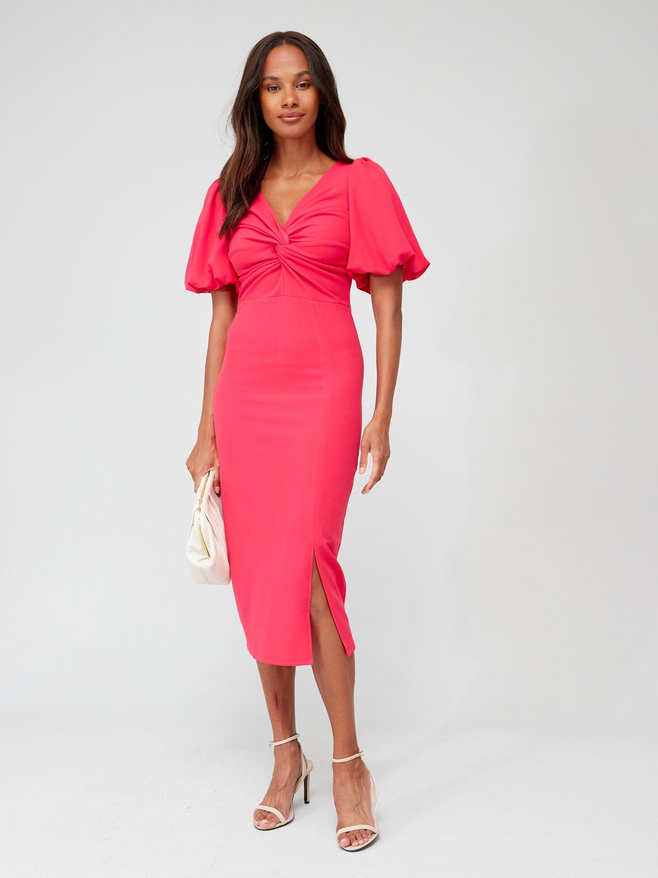 V by Very Puff Sleeve Knot Front Midi Dress - Pink