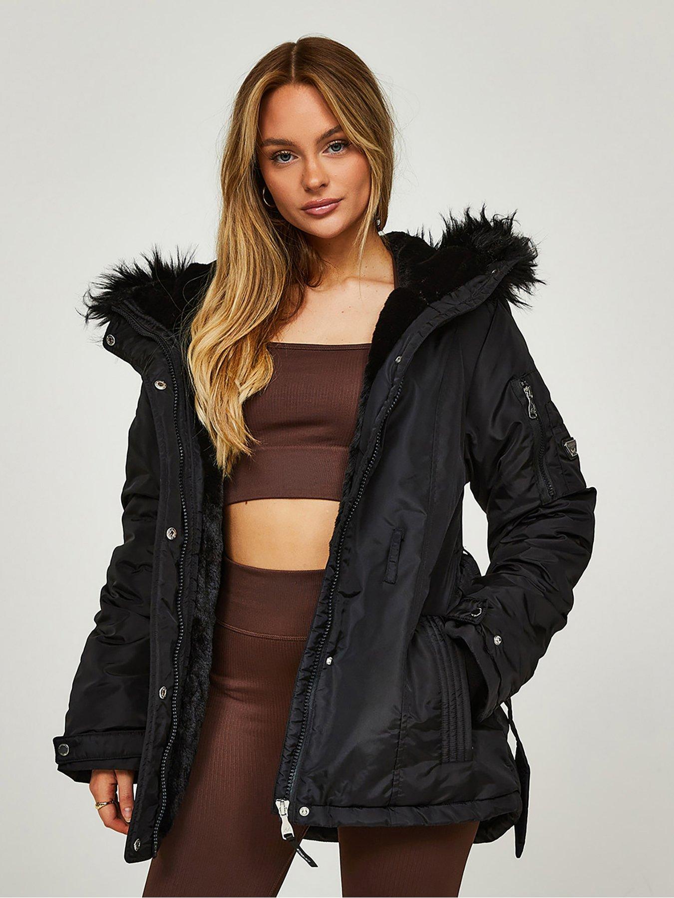 Black Faux Fur Trim Belted Jacket, AX Paris