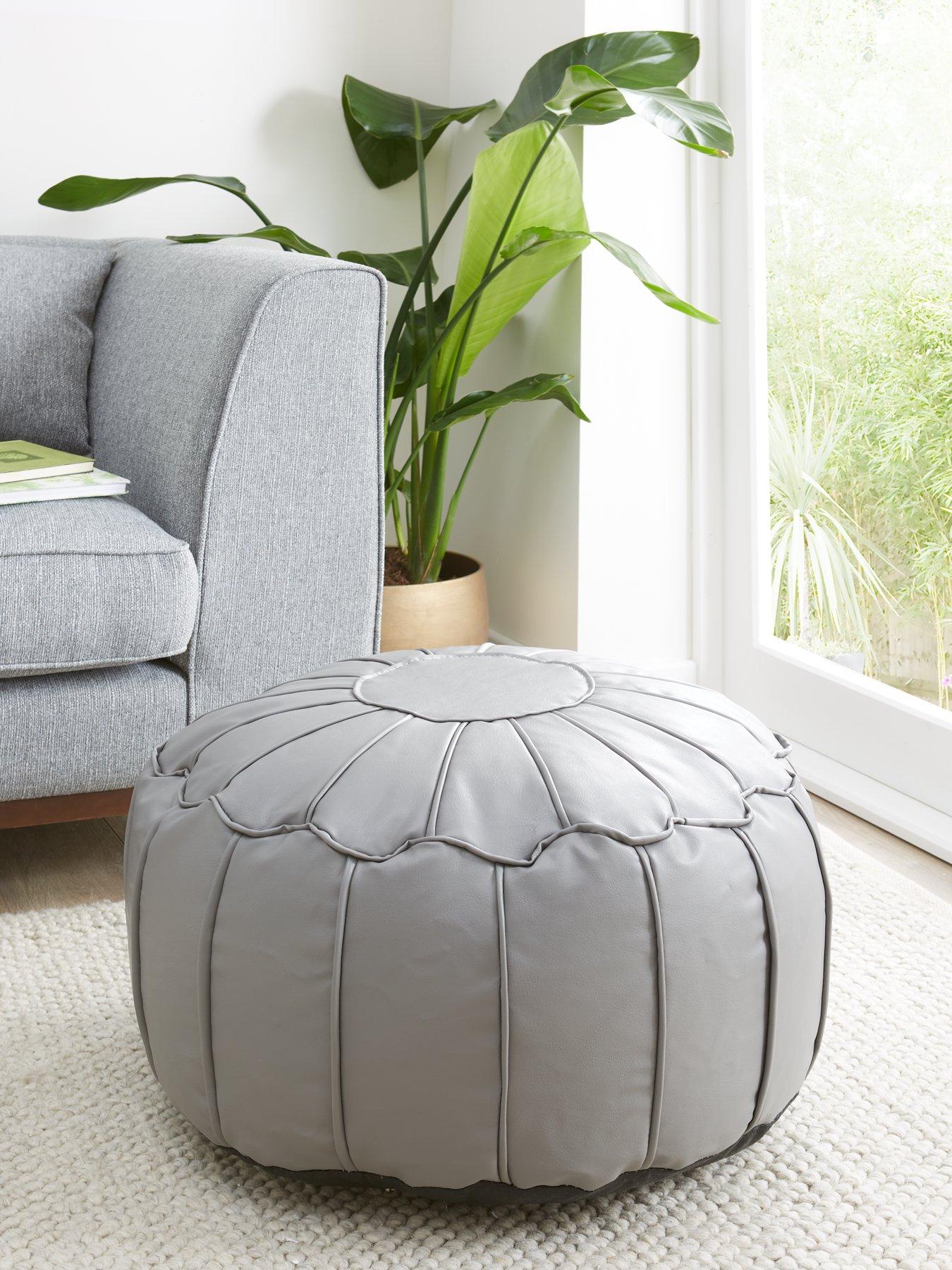 Moroccan piped Faux leather Pouffe - Grey