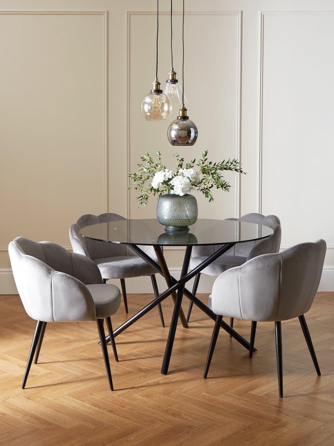 Round glass top dining table set 6 chairs hot sale