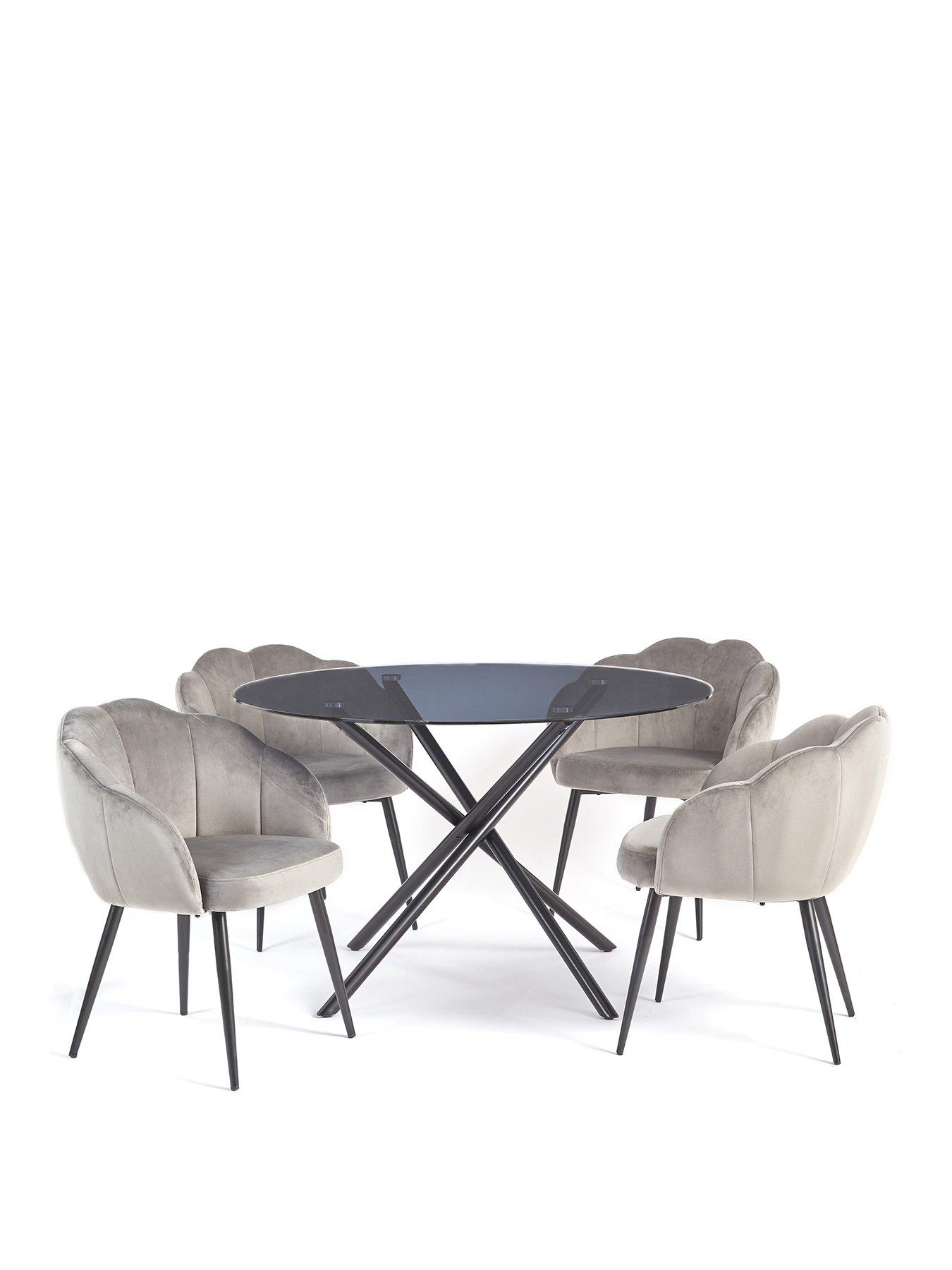  image of very-home-angel-glass-top-120-cm-dining-table-with-4-angel-velvet-chairs-blackgrey