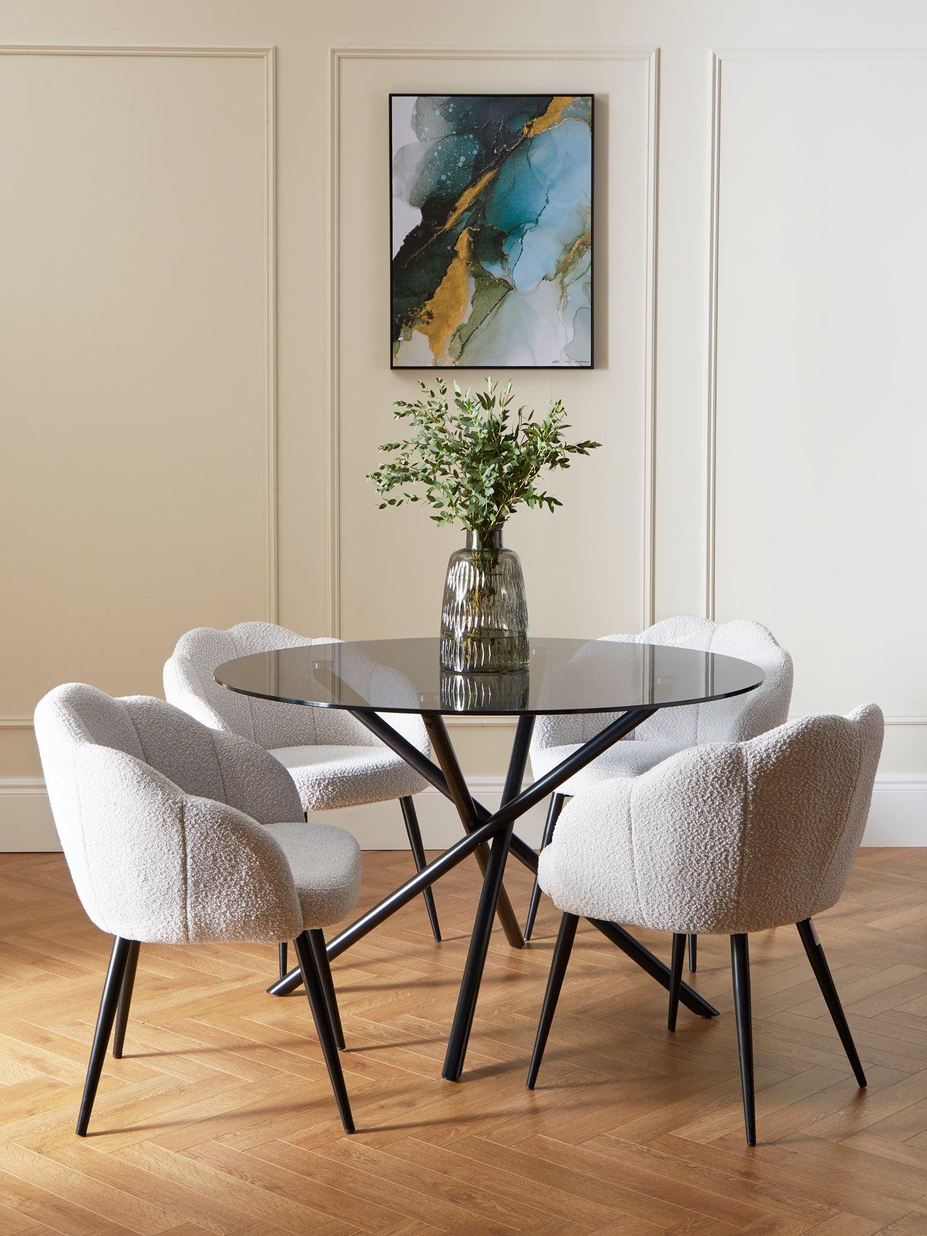 Very Home Angel Glass Top 120 cm Dining Table with 4 Angel Boucle Chairs - Black/Cream