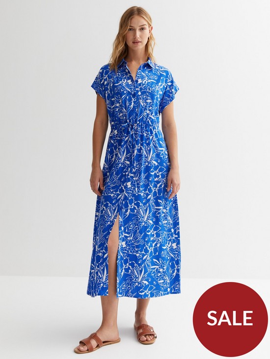 front image of new-look-blue-floral-drawstring-midi-shirt-dress
