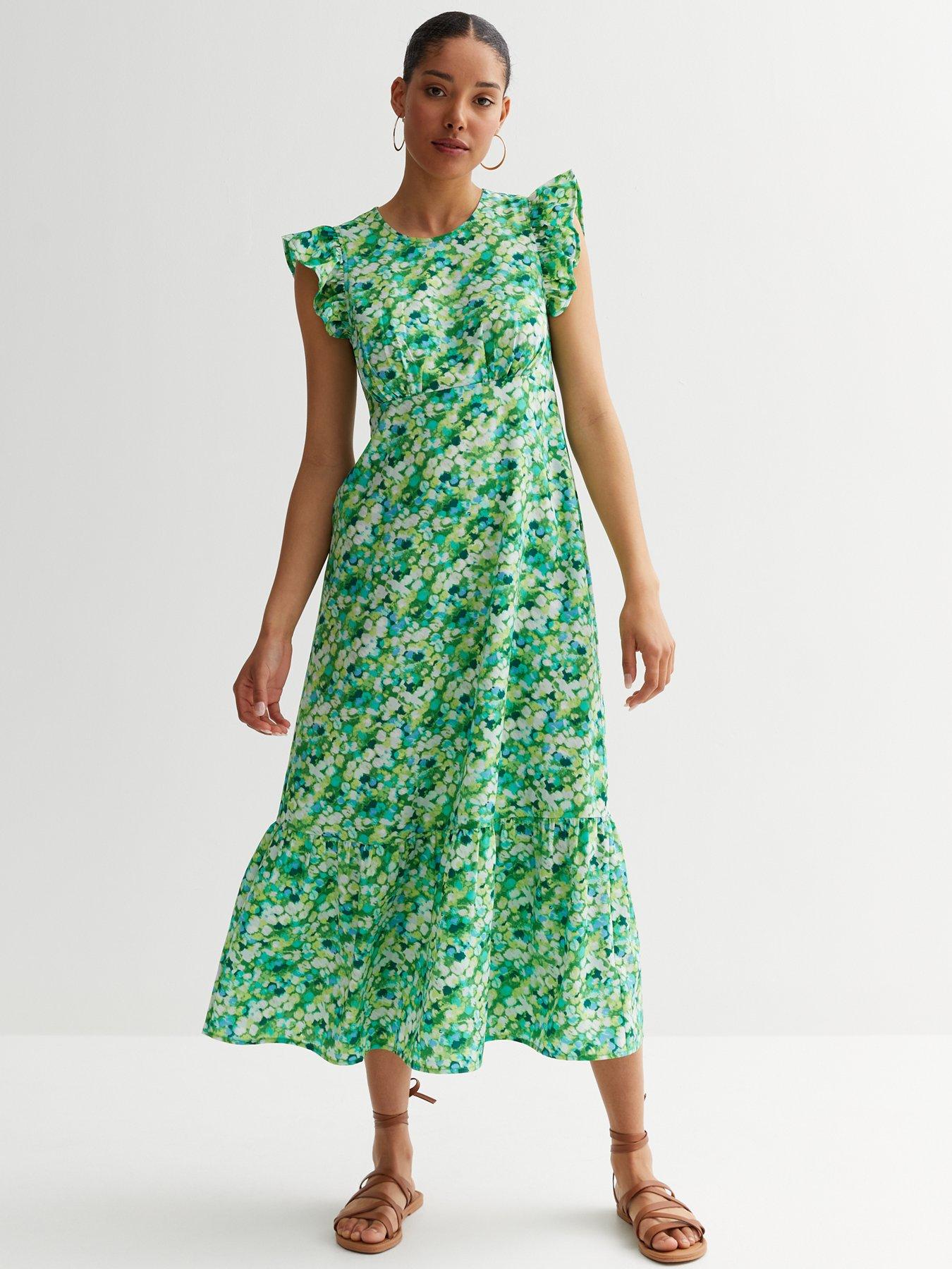 New Look Abstract High Neck Tiered Hem Midi Dress - Green | littlewoods.com