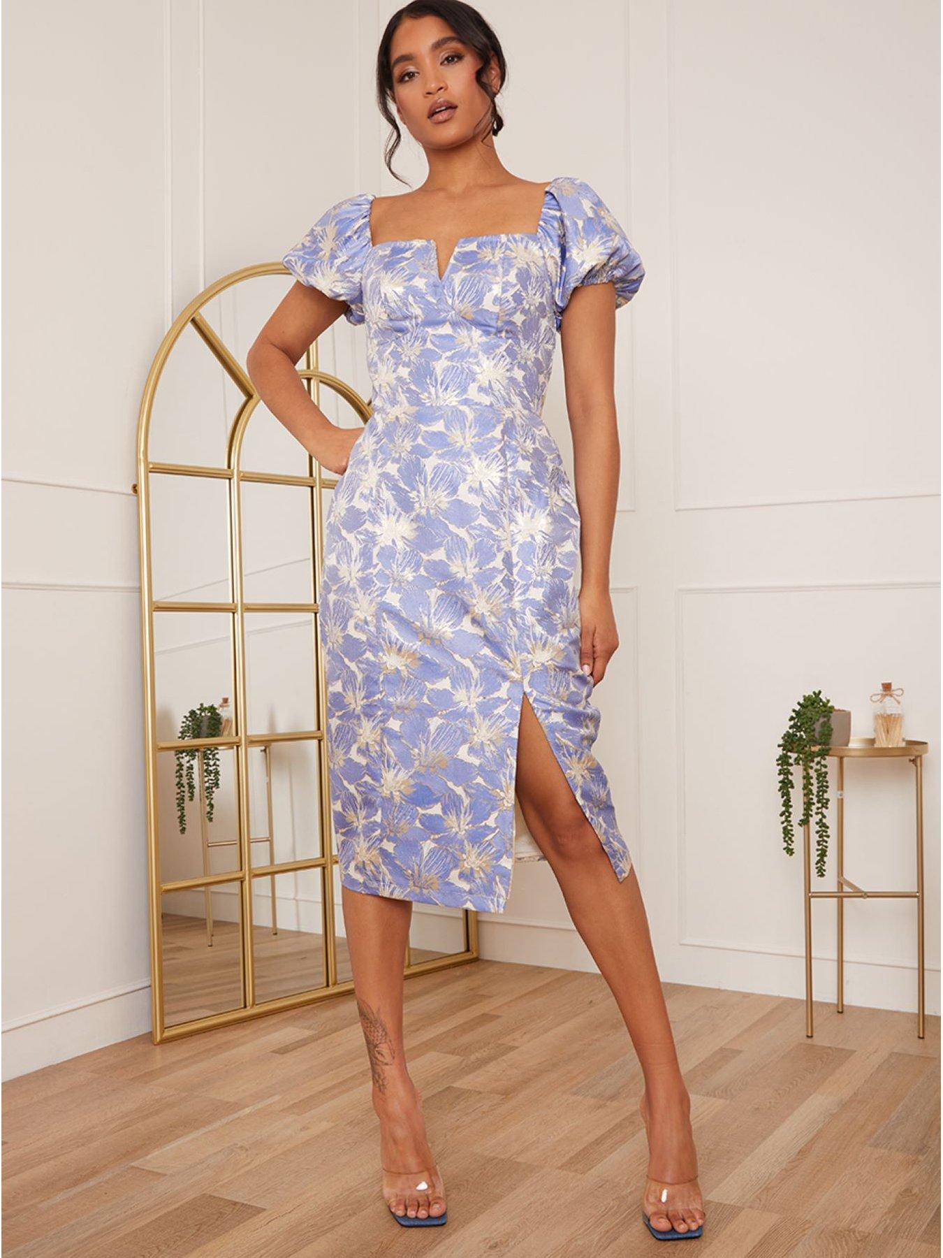 Buy Chi Chi London Blue Curve Puff Sleeve Premium Lace Midi Dress