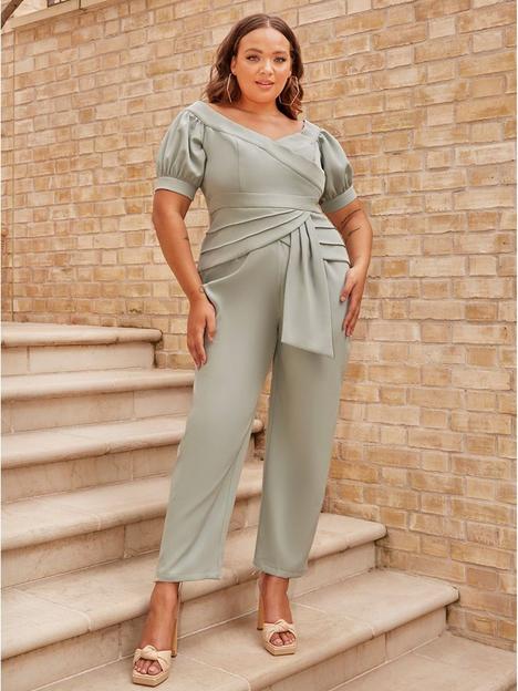 chi-chi-london-curve-puff-sleeve-bardot-jumpsuit-in-green