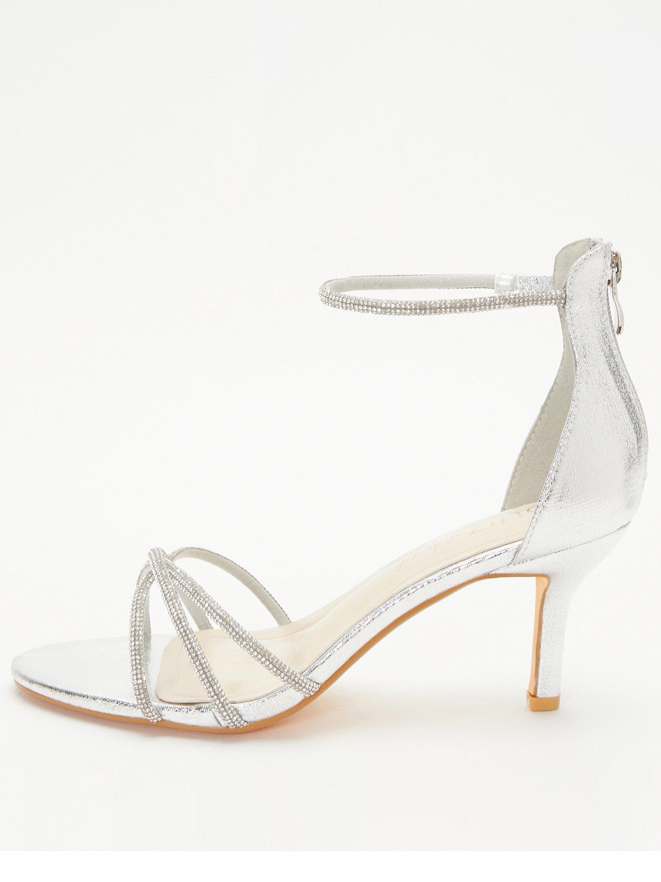 Quiz Wide Fit Satin Diamante Cross Strap Low Heels Silver 