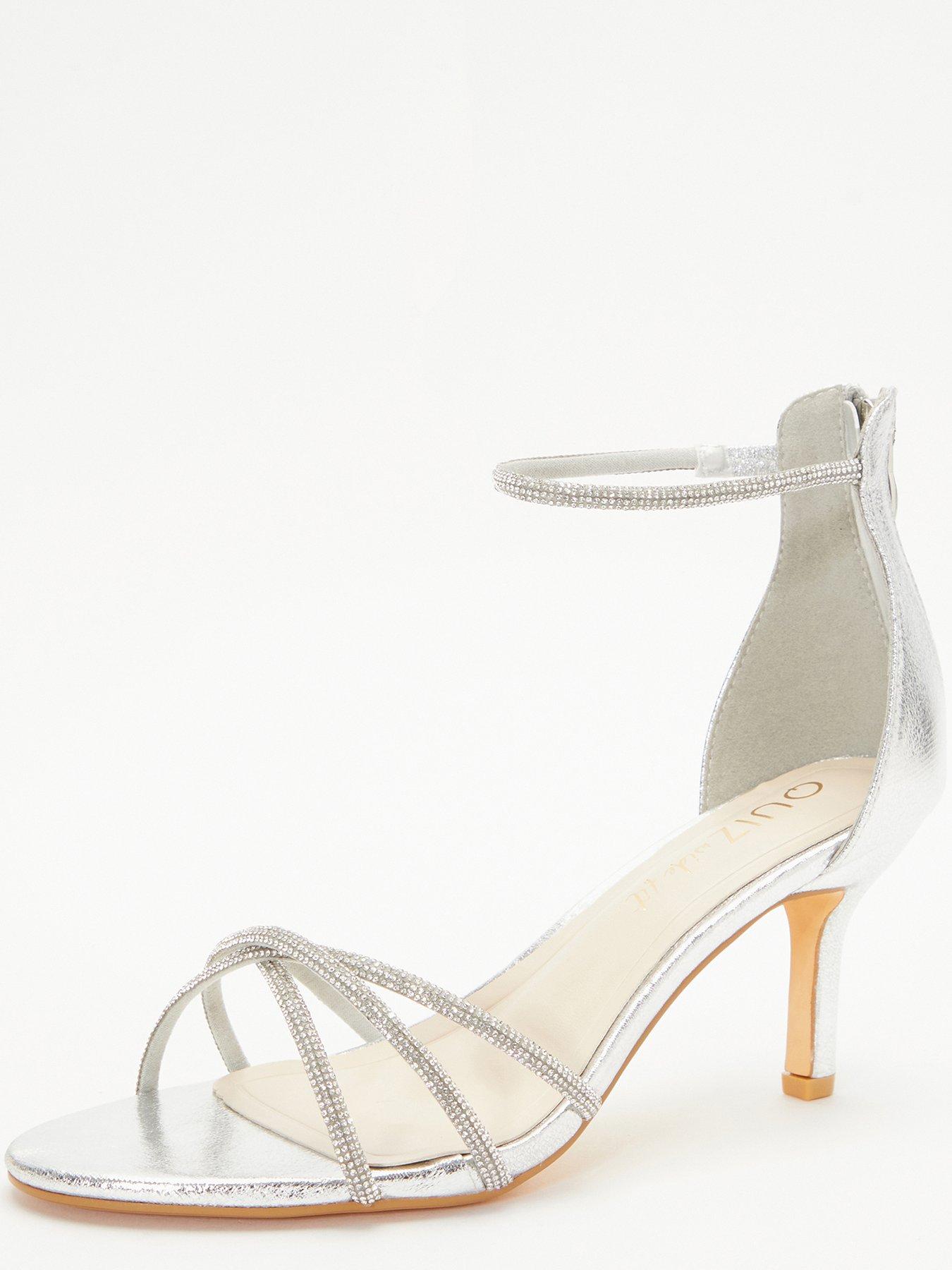 Quiz Wide Fit Satin Diamante Cross Strap Low Heels Silver