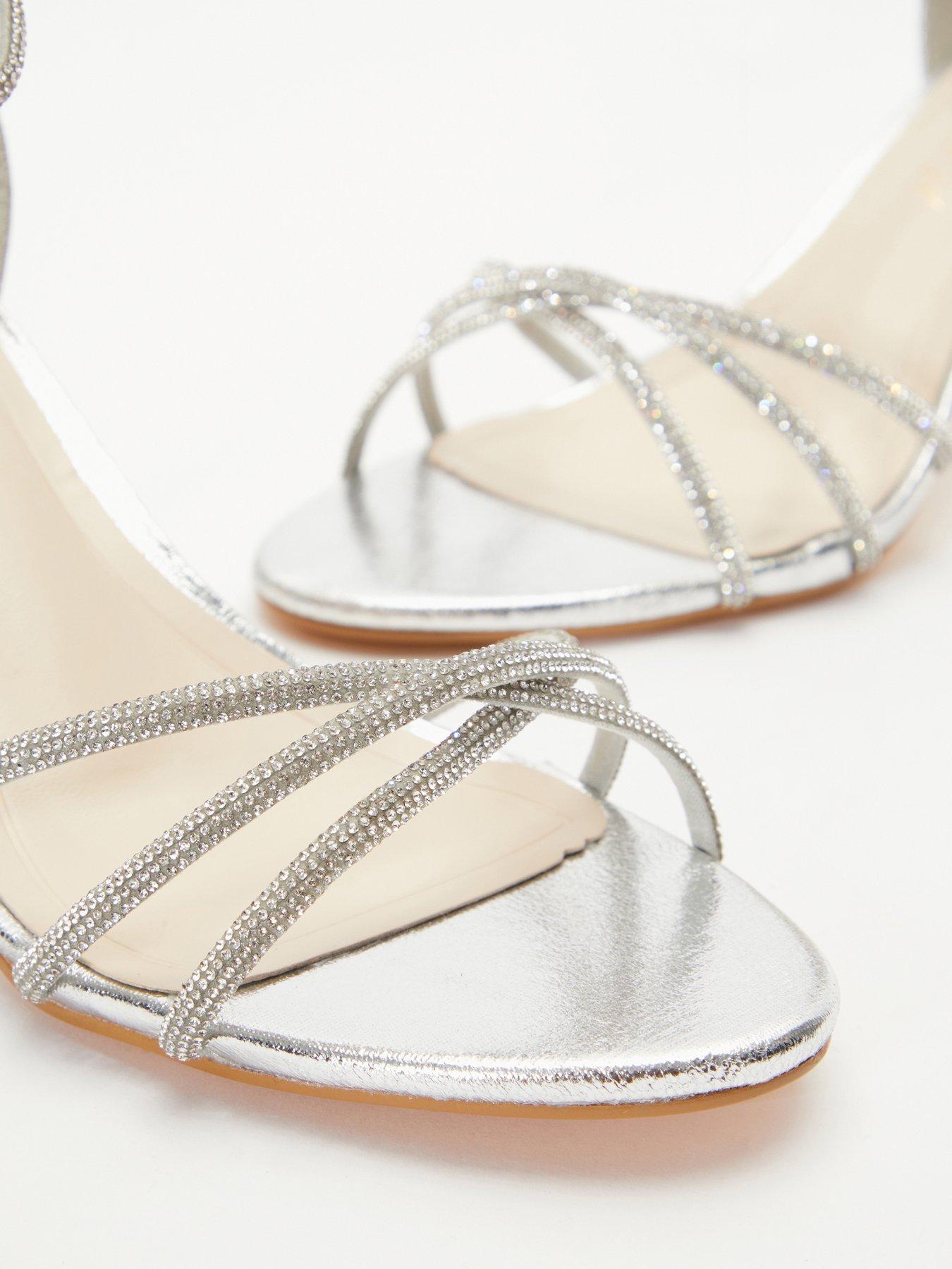 Quiz Wide Fit Satin Diamante Cross Strap Low Heels Silver - Main Image
