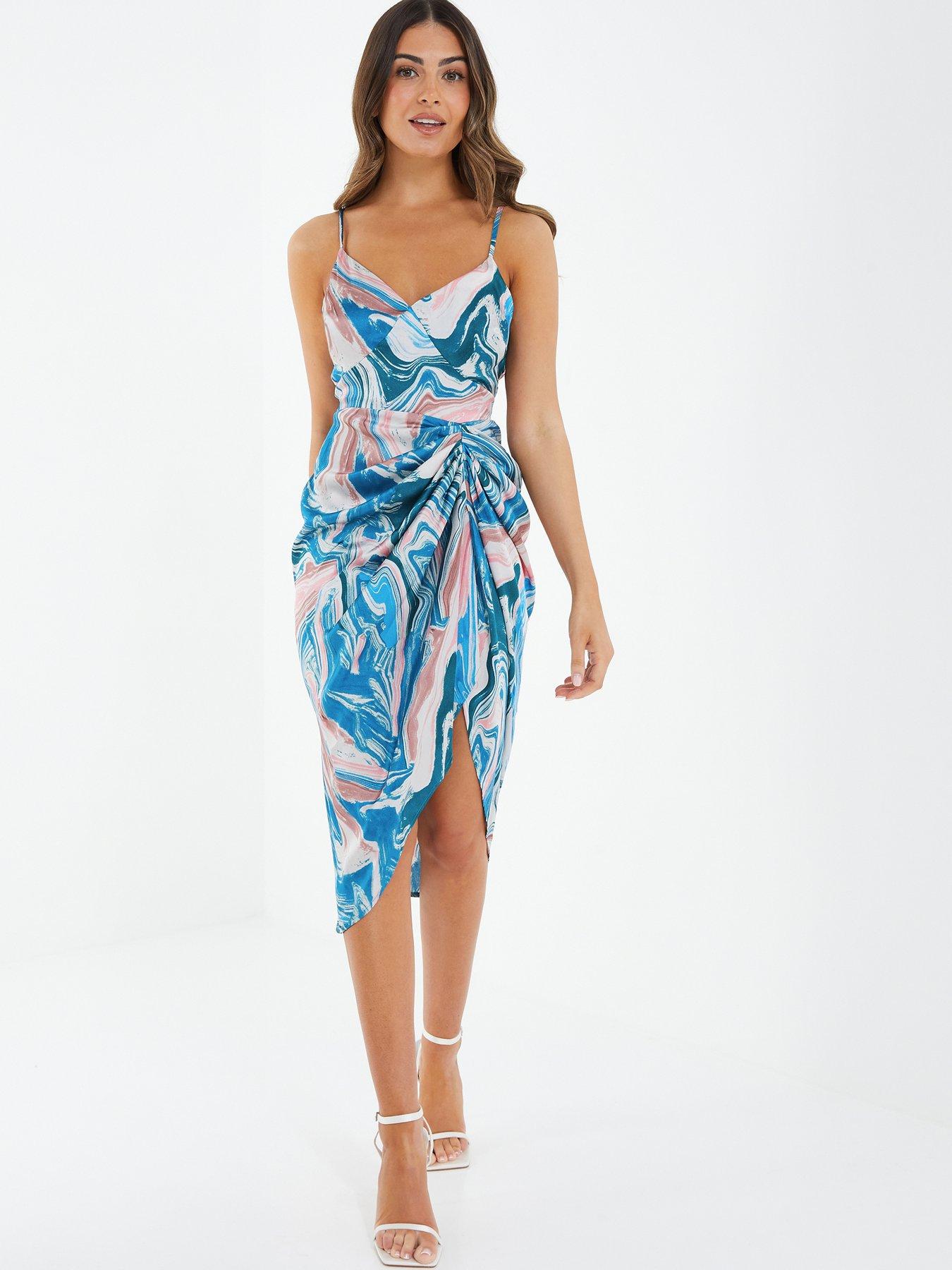 Quiz Petite Satin Marble Print Ruched Midi Dress