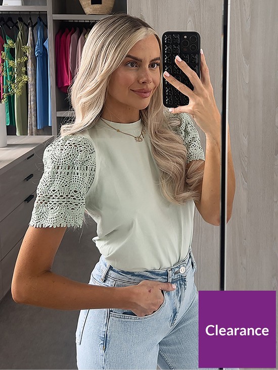 front image of in-the-style-perrie-sian-crochet-sleeve-t-shirt-sage
