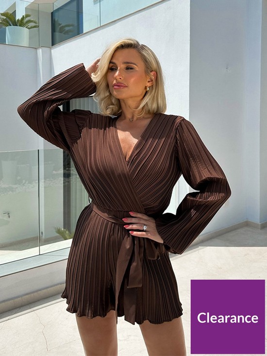 front image of in-the-style-billie-faiers-plisse-tie-waist-detail-playsuit-brown