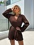  image of in-the-style-billie-faiers-plisse-tie-waist-detail-playsuit-brown