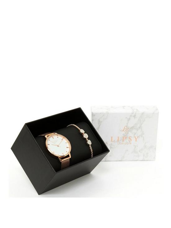 front image of lipsy-gift-set-rose-gold-mesh-strap-watch-with-jewellery-bracelet